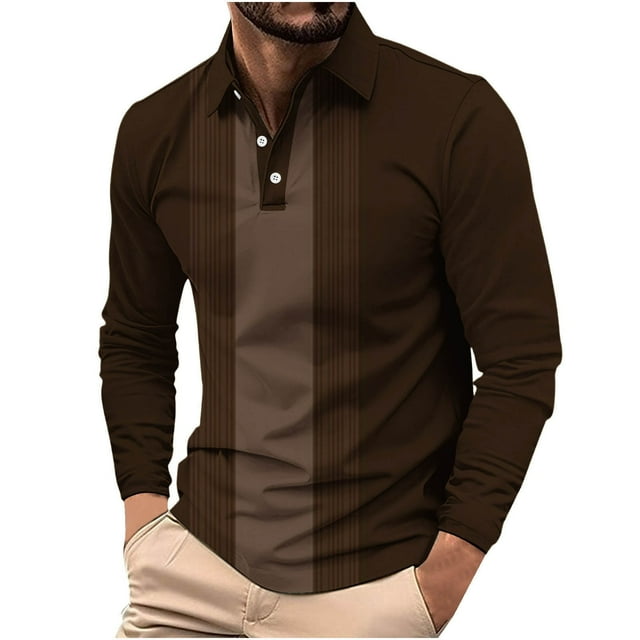 zfhfof Men's Casual Polo Shirts Classic Button Basic Long Sleeve Shirt Color Block Collared Tees Fall Fashion Golf Work Tops