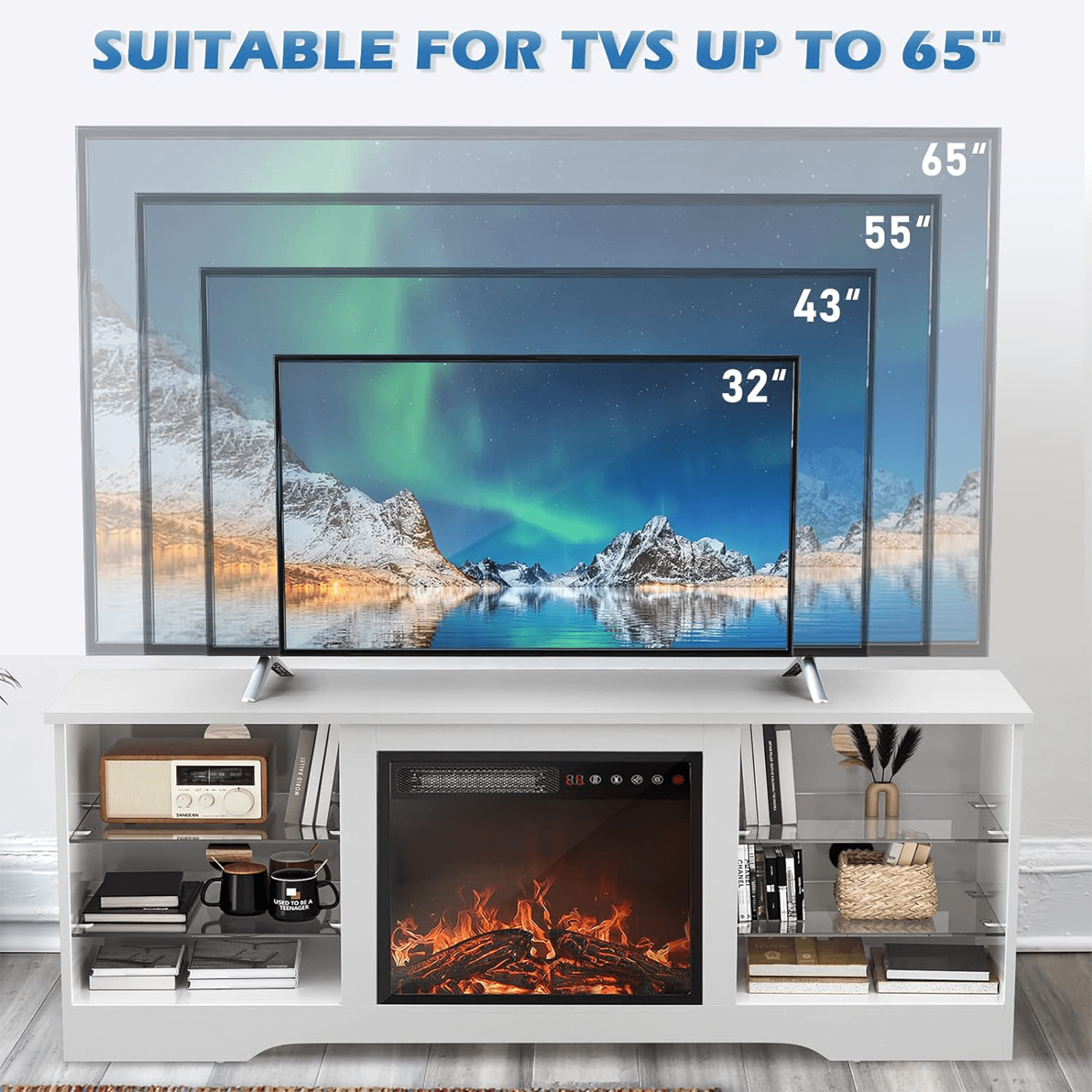 Waleaf Fireplace TV Stand with 18'' Fireplace for TVs up to 65 inch, Two Adjustable Glass Shelves Modern Entertainment Center for Living Room with LED Light