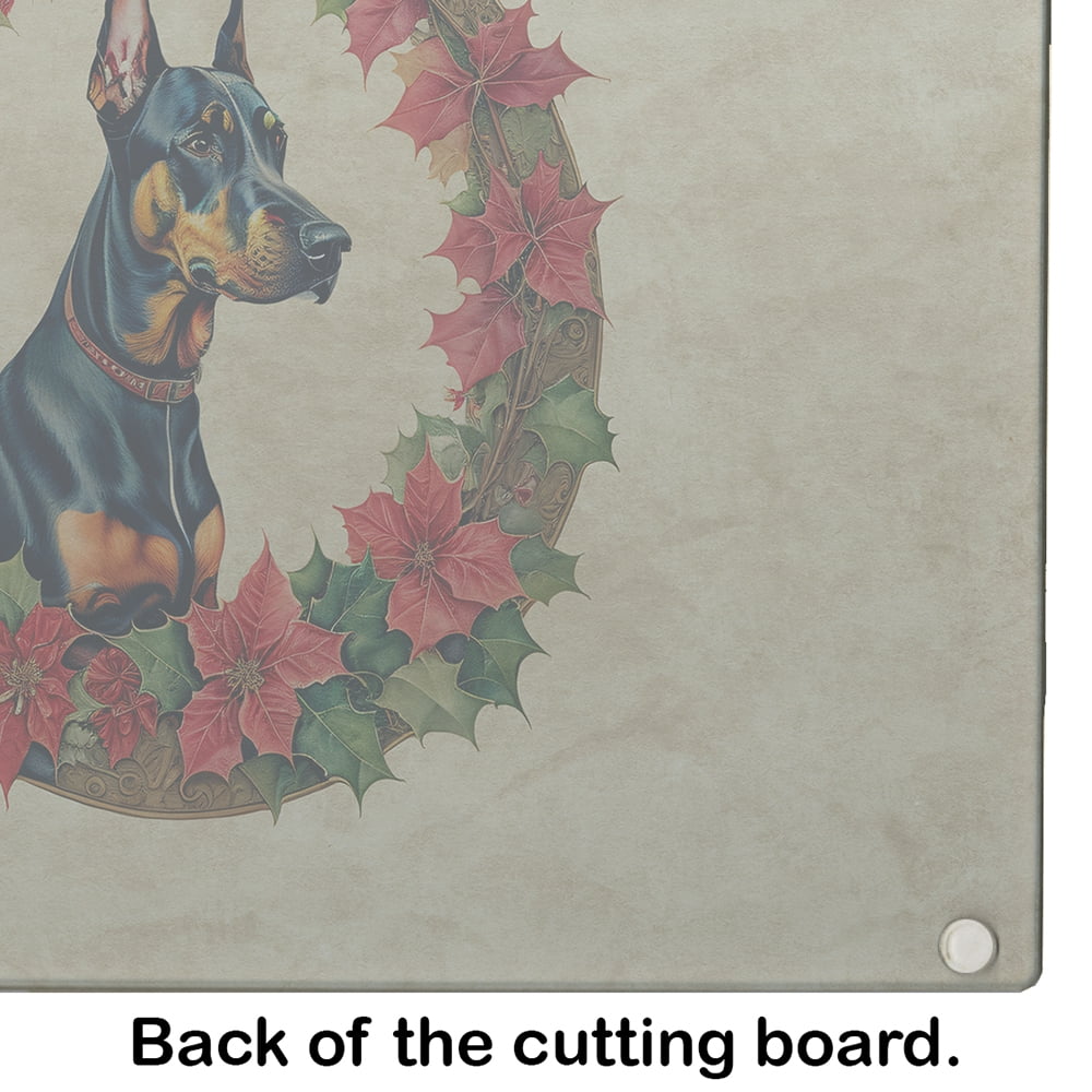 Doberman Pinscher Christmas Flowers Glass Cutting Board 12 in x 15 in