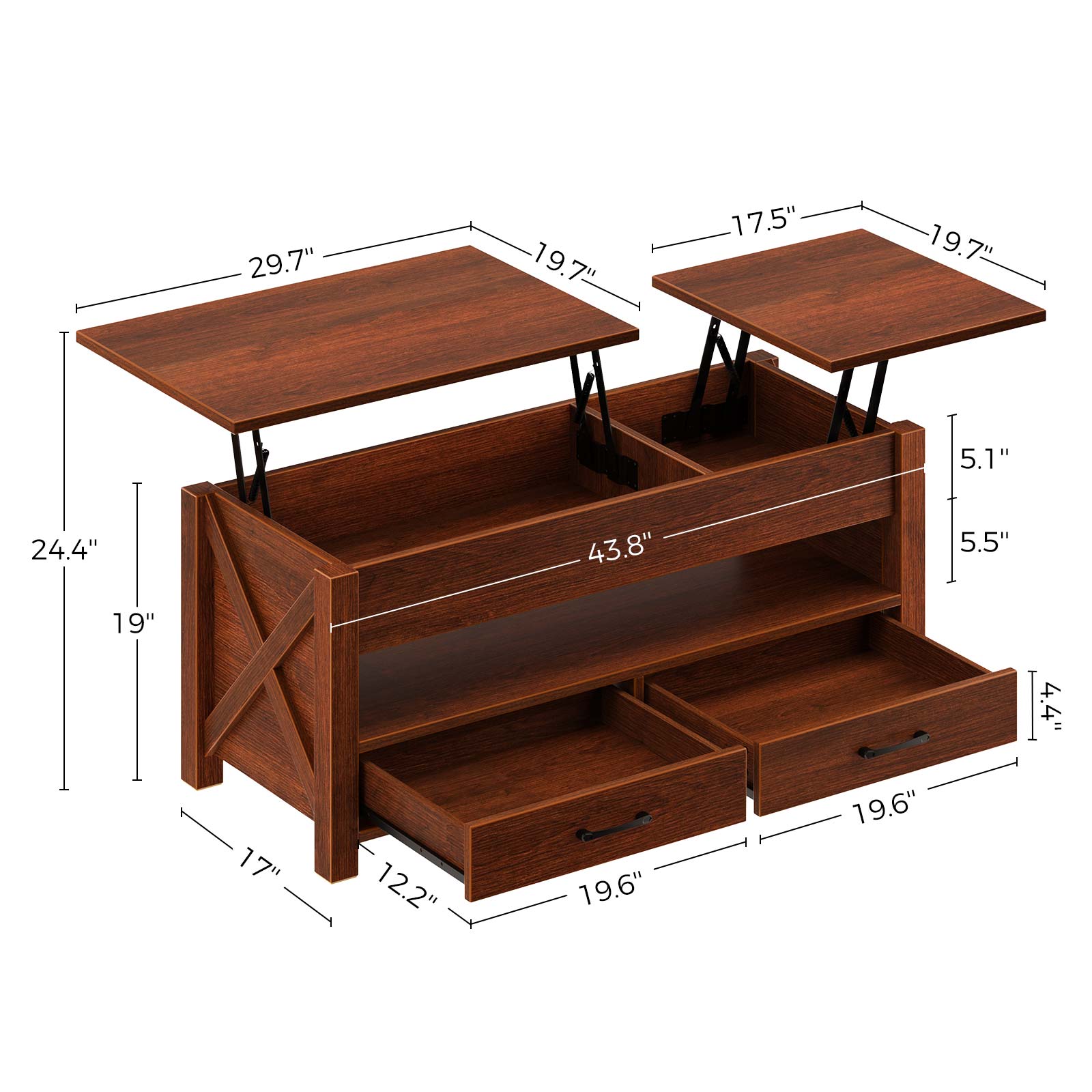 Greenstell Lift Top Coffee Table 47.2"with Storage Drawers and Hidden Compartment,Espresso