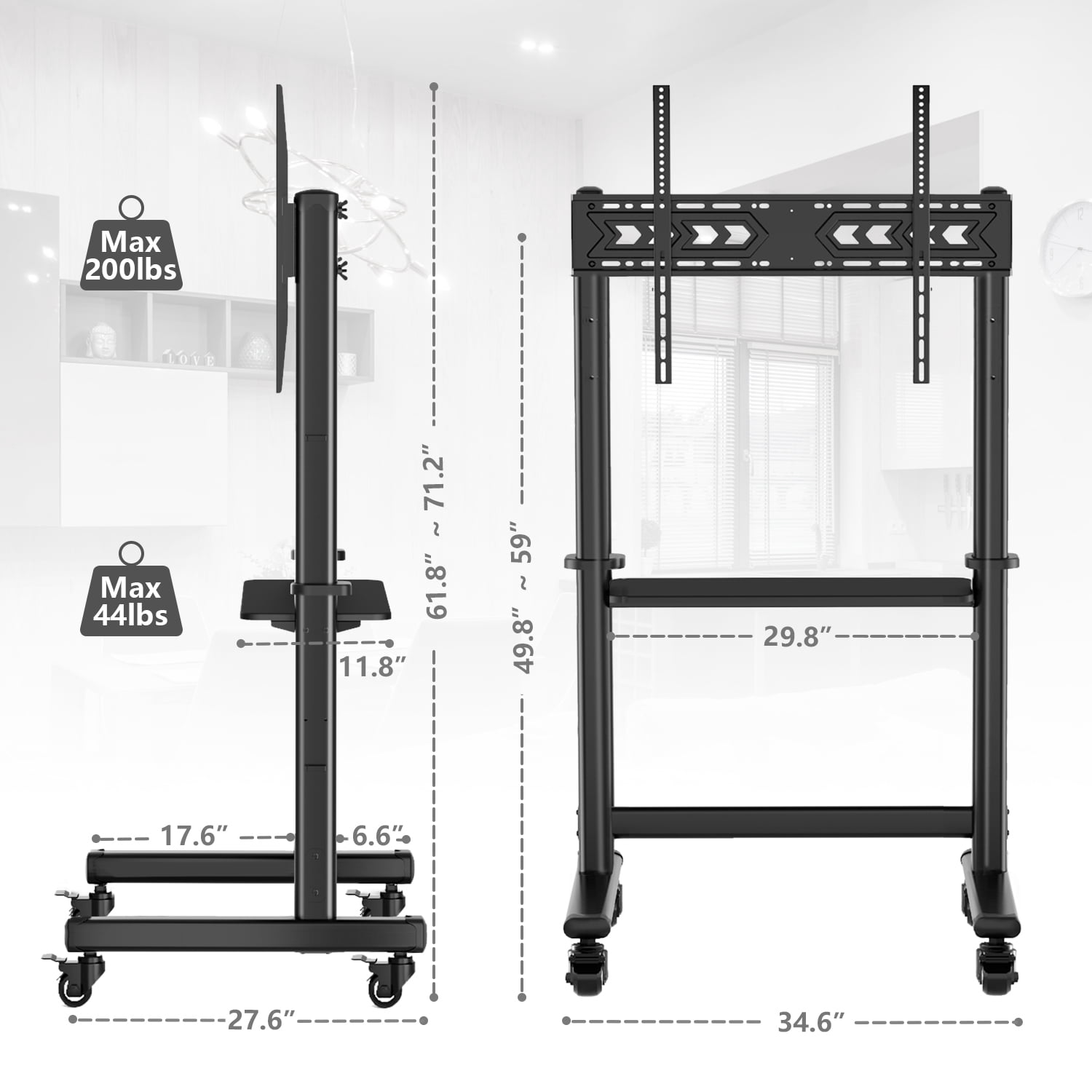 Black Mobile TV Stand Rolling TV Cart for 55 to 90 inch Flat Screen TVs，Holds Up to 200lbs