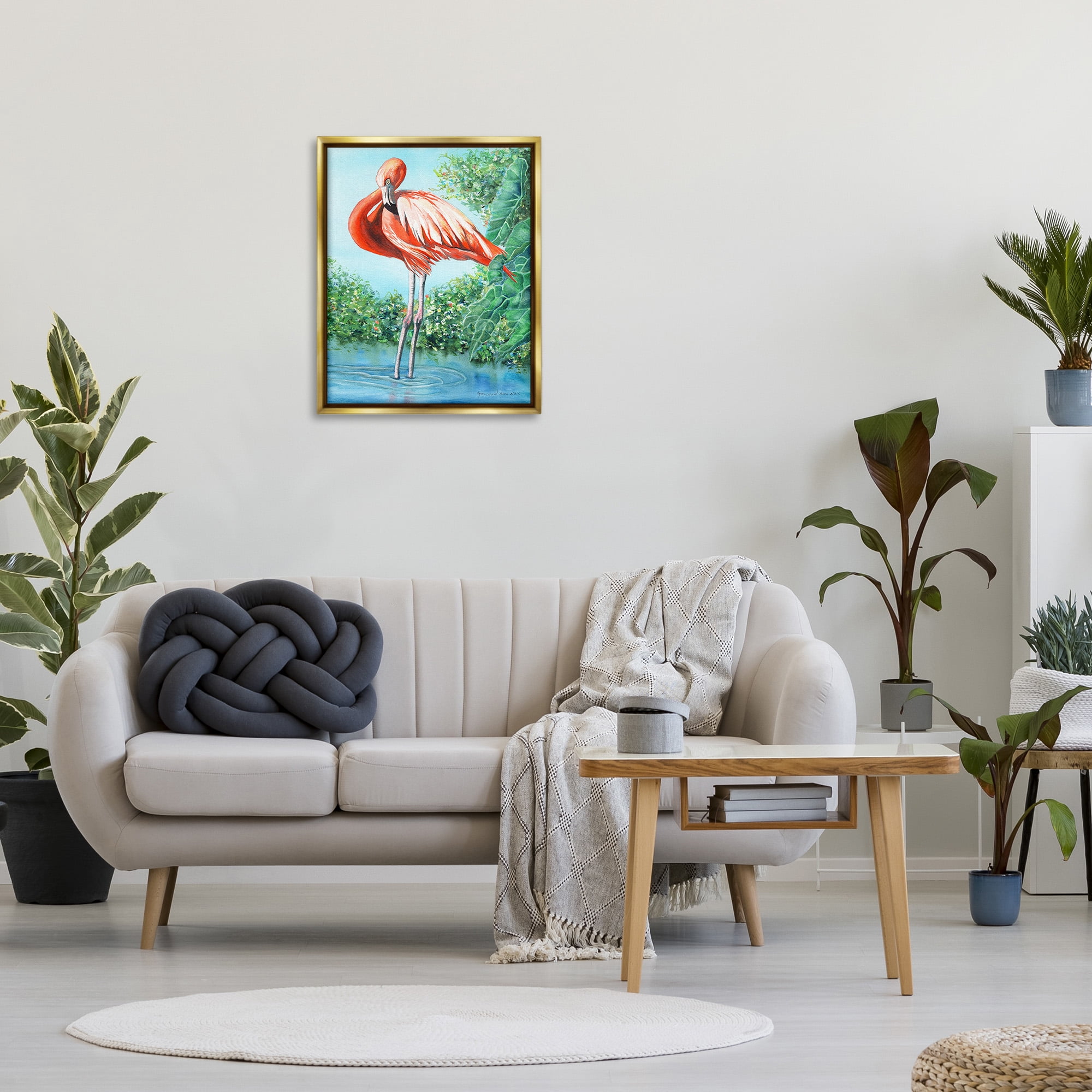 Stupell Industries Flamingo & Lush Nature Animals & Insects Painting Gold Floater Framed Canvas Art Print Wall Art, 25 x 31