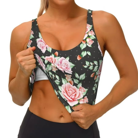 Goofa Rose Flowers Printed Sports Bras for Women  High Impact Running Bra Workout Crop Tank Tops Longline Sports Bra Push up-Large