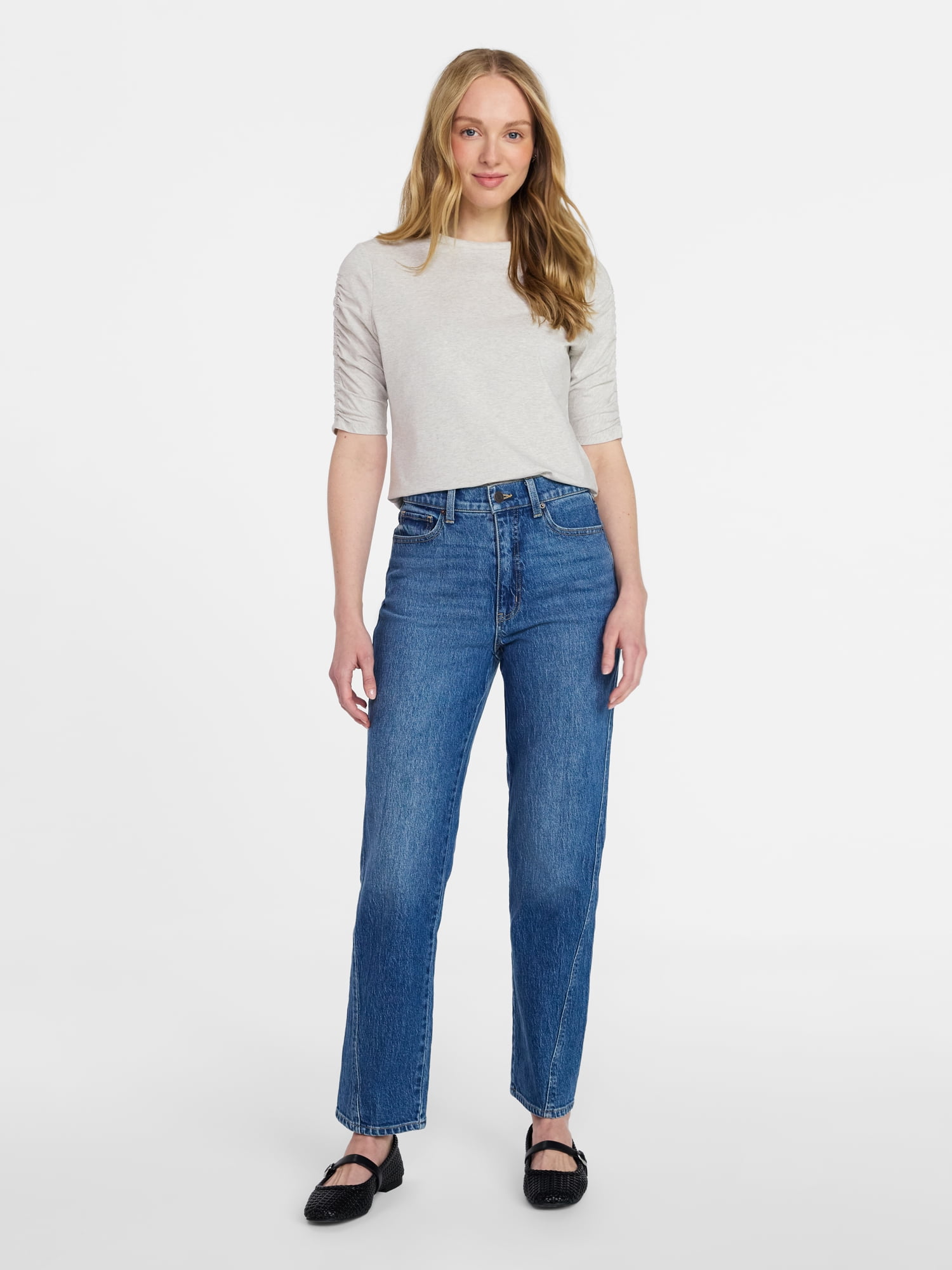 Time and Tru Women's Ruched Elbow Sleeve Tee, Sizes XS-XXXL