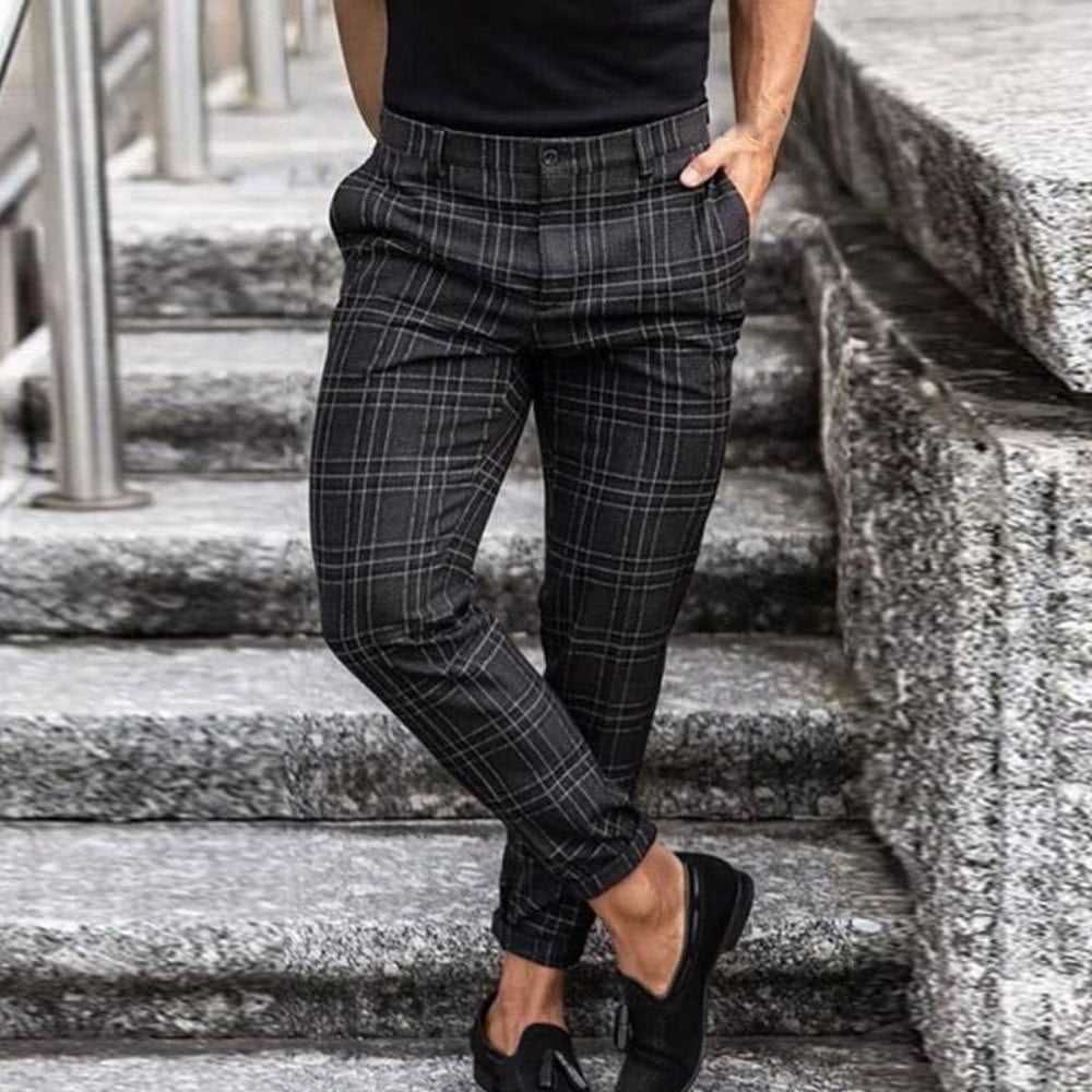 Men Business Lattice Plaid Joggers Slim Skinny Stretch TrousersPencil Pants  