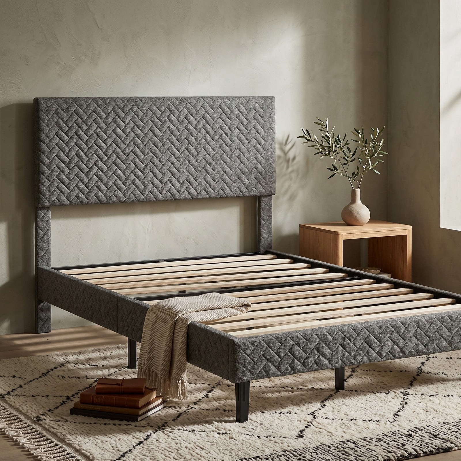 Furnibear Twin Bed Frame with Headboard, Velvet Upholstered Platform Bed with Height Adjustable Chevron Headboard and Wood Slats, Gray