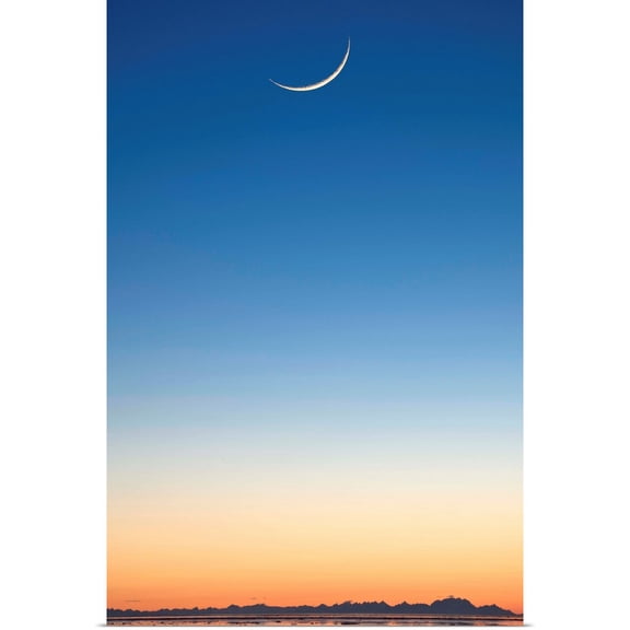 Great BIG Canvas | Rolled Hal Gage Poster Print entitled Cresent Moon Rising At Sunset Over Cook Inlet, Anchorage, Southcentral Alaska