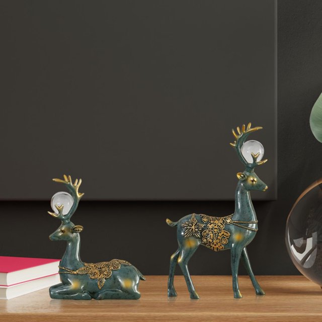 Estatuilla de Reno Fernando 2 uds Escultura de ciervo con bola de cristal VERDE 16cmx26cm 18cmx16cm