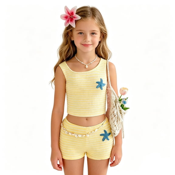 Wxolcjlv Girls Summer Beach Outfits Soft Stretch Stars Tank Top and Shorts Sets, Sizes 7-12