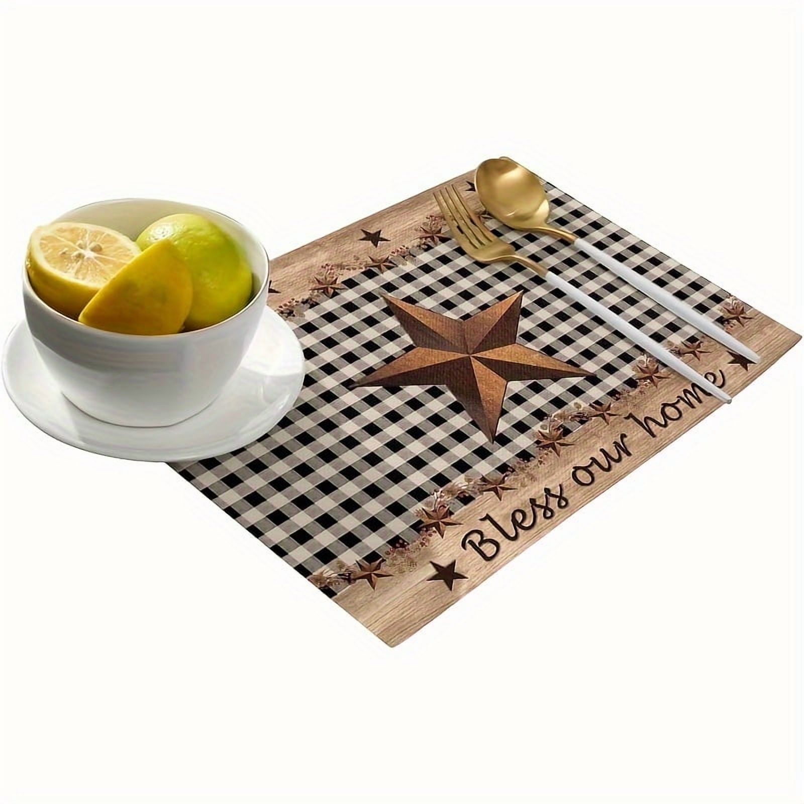 ACMDL   Set of 4 Farmhouse Black Plaid Polyester Place Mats with Vintage Country Star Design  Non-Slip Heat Insulation Square Table Mats  Hand Wash Only