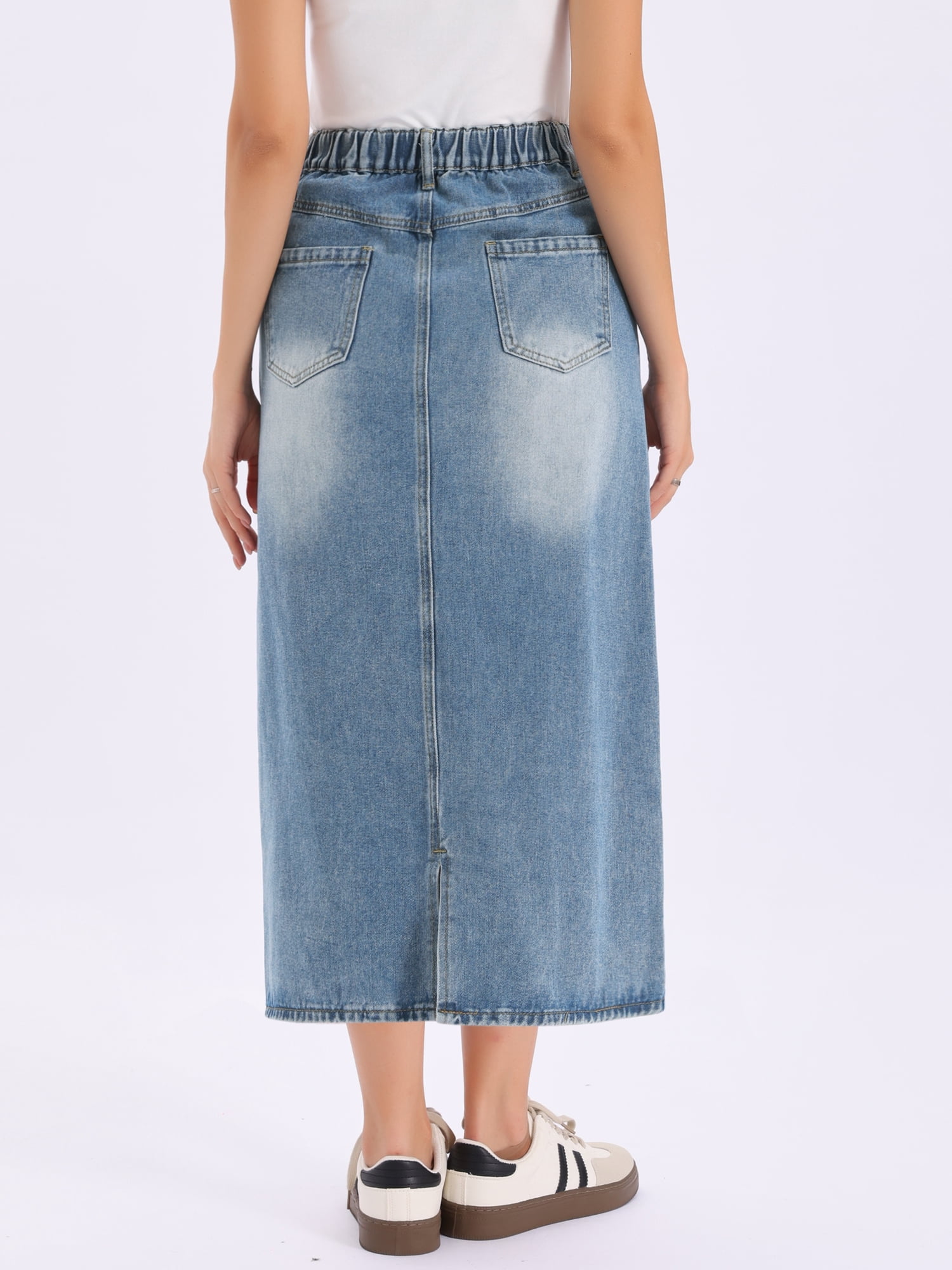 DARING DIVA Women's Elasticated Waist Washed A Line Long Jean Skirt Small Blue