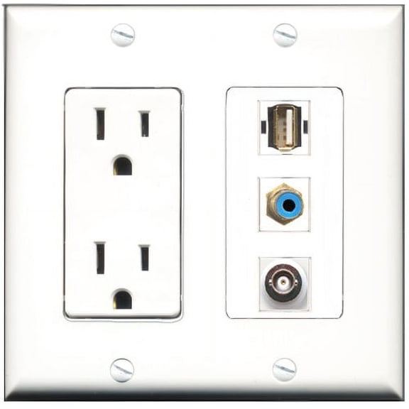 RiteAV - 15 Amp Power Outlet 1 Port RCA Blue 1 Port USB A-A 1 Port BNC Decorative Wall Plate