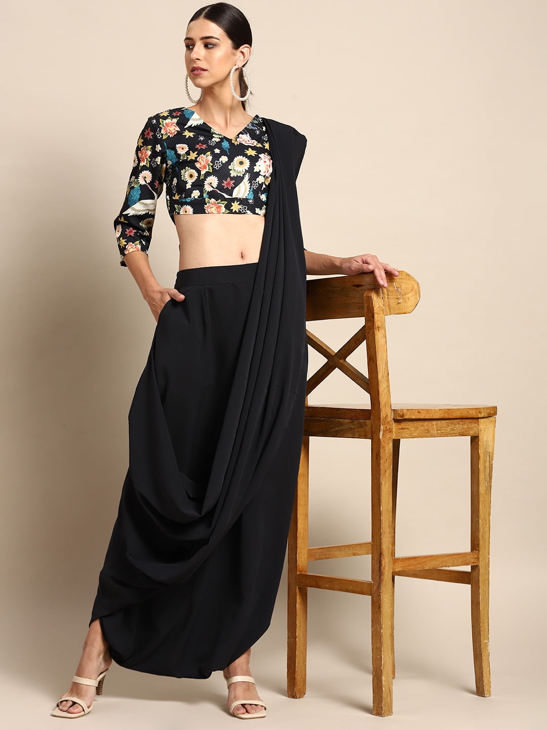 Off Shoulder Crop Top With Dhoti Pants And Attached Dupatta Set, Dhoti  Saree | eBay