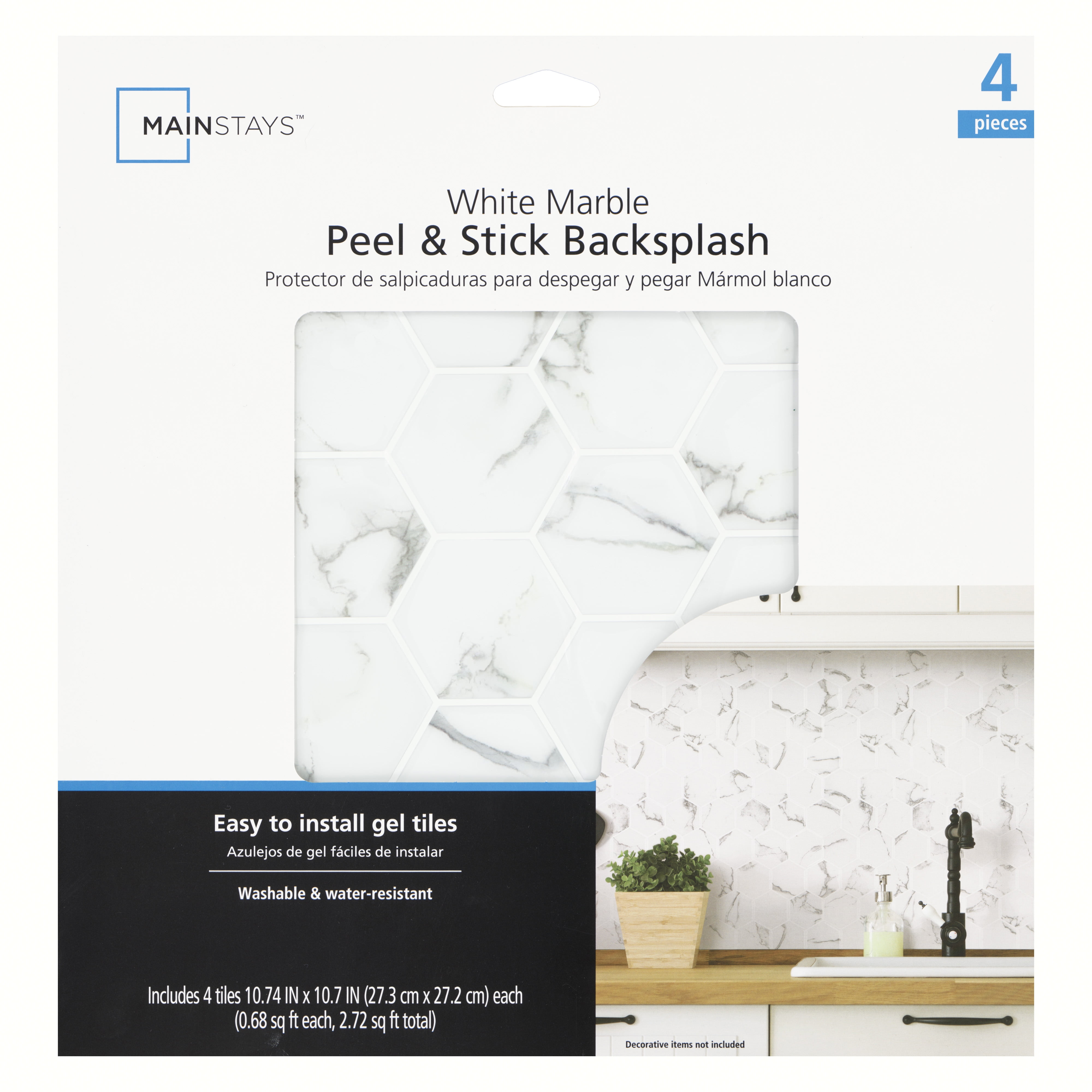 Mainstays 10 in. W x 10 in. L White Marble Hexagon Peel & Stick Mosaic Wall Tile (2.72 Sqft / pack)