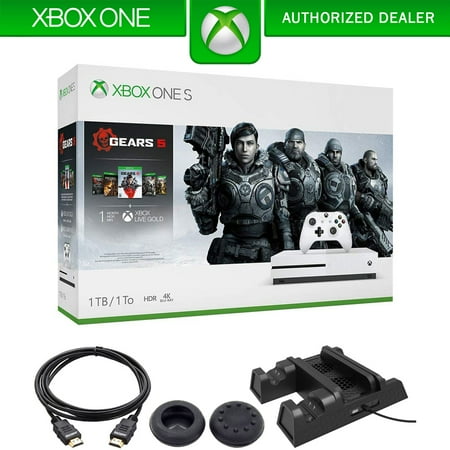 Joystick For War Thunder Microsoft 234-01020 Xbox One S 1TB Console with Gears of War 5 and Wireless Controller Bundle with Deco Gear Xbox 3-in-1 Vertical Stand Cooling Fan, Deco Gear Joystick Thumb Grips and 6ft HDMI Cable ()