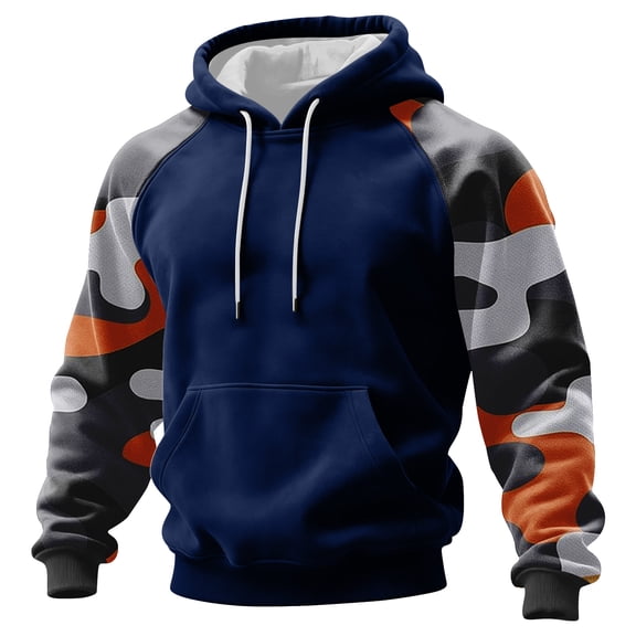Men Hooded Pullover Sweatshirt Long Sleeve Raglan Camouflage Print Casual Drawstring Hoodie Kangaroo Pocket Top Dark Blue L