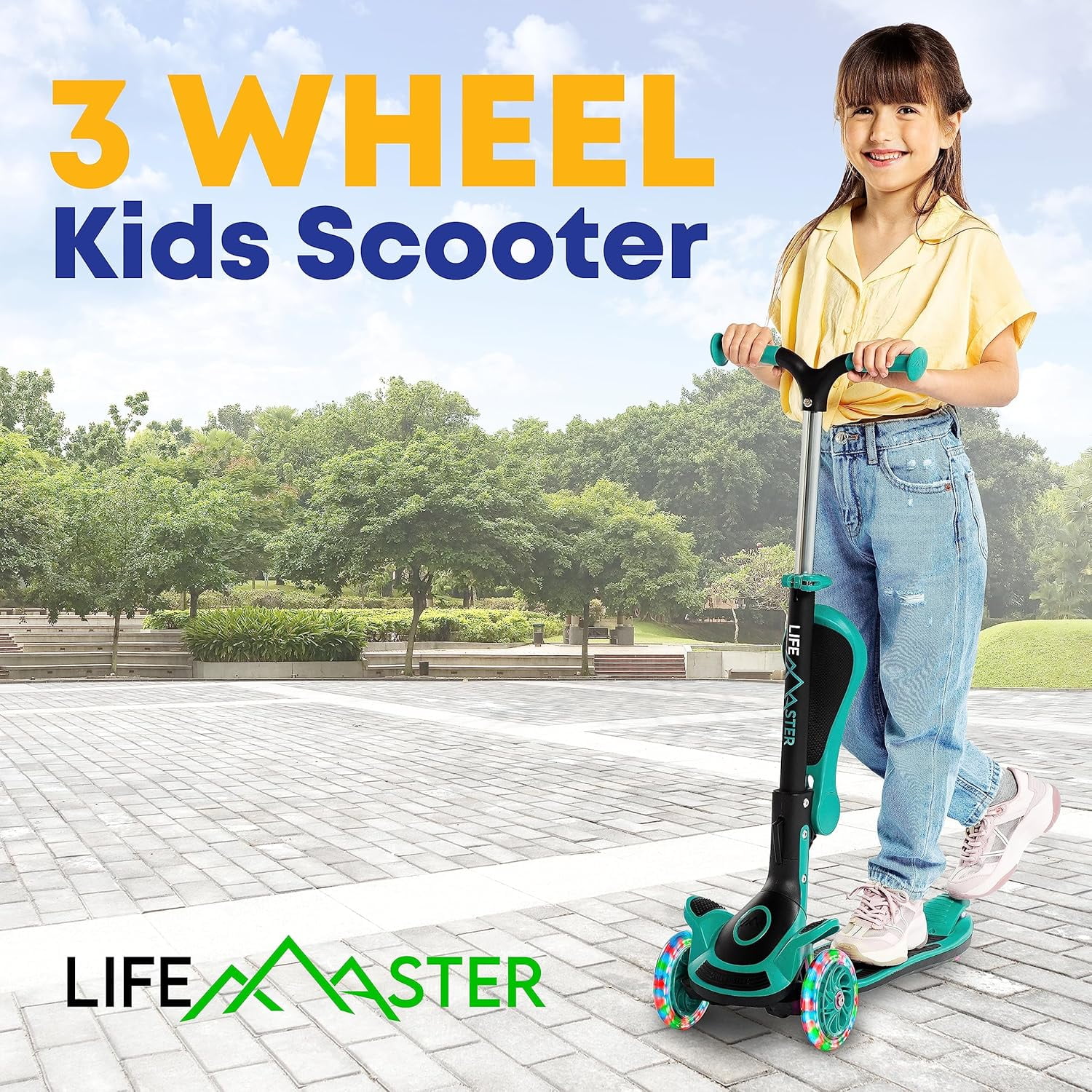 Kids Scooter – Foldable Seat – LED Wheel Lights Illuminate When Rolling – Children and Toddler 3 Wheel Kick Scooter – Adjustable Handlebar – Indoor and Outdoor- Teal - by Lifemaster