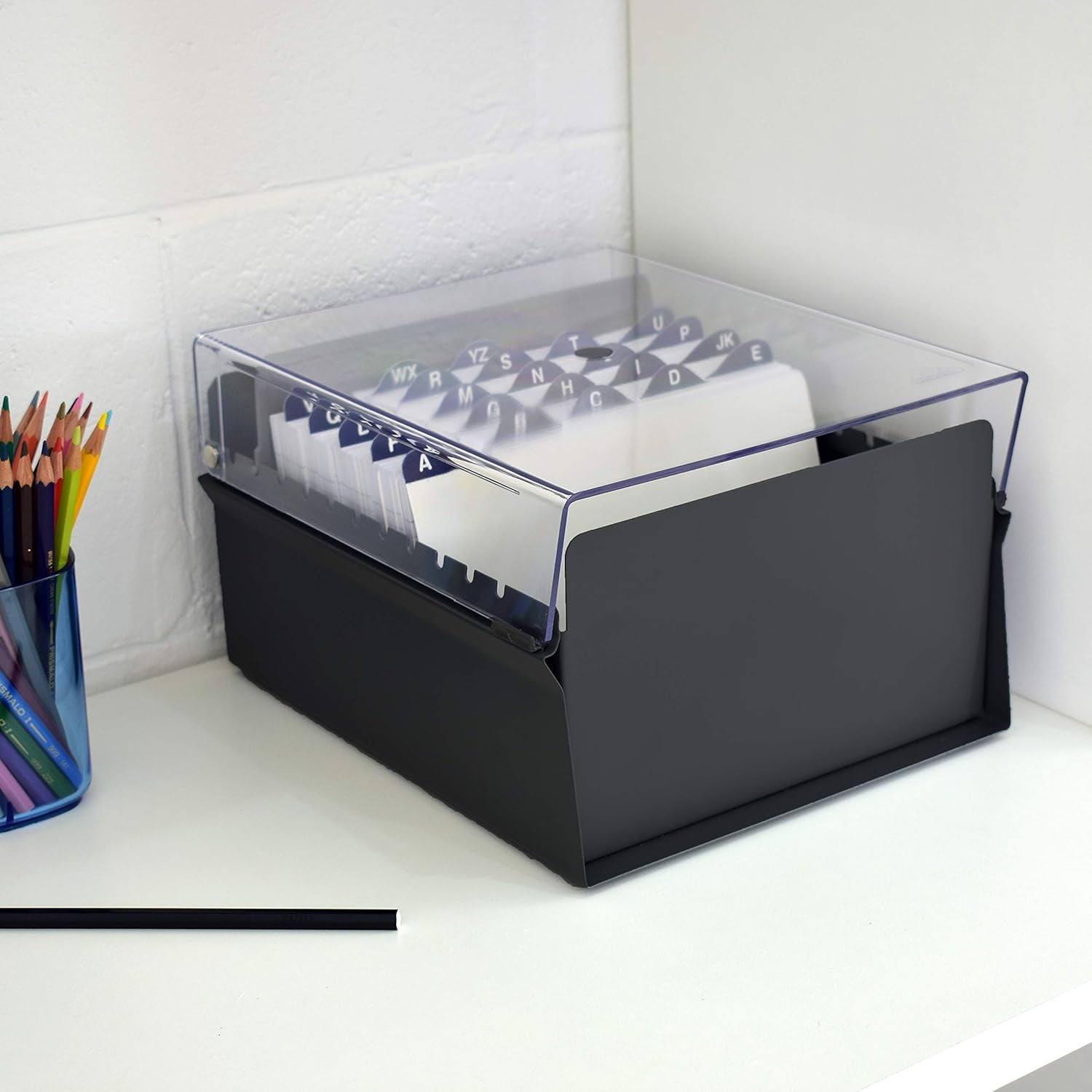 Acrimet 5 X 8 Card File Holder Organizer Box Metal Base Heavy Duty (AZ Index Cards and Divider Included) (Black Color with Clear Crystal Plastic Lid Cover)