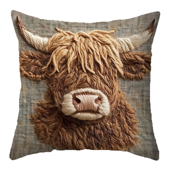 Cute Highland Cow Patterns Imitation Embroidery Cushion Cover Soft Throw Pillowcase For Sofa Chair Bedroom Decor Polyester 18X18 Inches