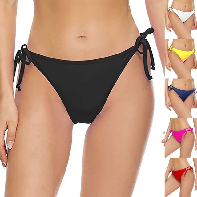 Jinhomg Women's Tie Side Bikini Bottoms Basic Solid Mid Rise String Bathing Suits Bottom 2025 Trendy Summer Vacation Beach Swimsuit Sales Today Clearance Women Yellow XL