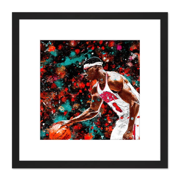 Basketball Player Ball Dribble Modern White Red Teal Paint Splat Painting Square Wooden Framed Wall Art Print Picture 8X8 Inch