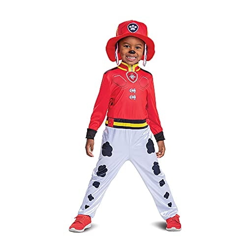 Paw Patrol Marshall Disfraz de sombrero y mono para niños, traje de personaje de la película Paw Patrol con insignia, clásico tamaño mediano (3T-4T)