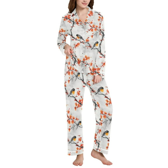 joogoo Pajamas Set for Women Birds on Floral Branches Long Sleeve Pjs Loungewear L