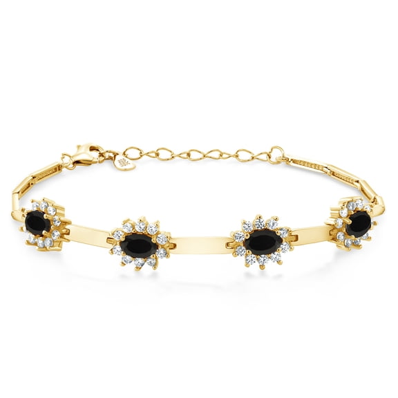 Gem Stone King 18K Yellow Gold Plated Silver Black Onyx and White Created Sapphire Bracelet for Women (3.20 Cttw, Gemstone December Birthstone, Oval 6X4MM, 7 inch 1 inch Extender)