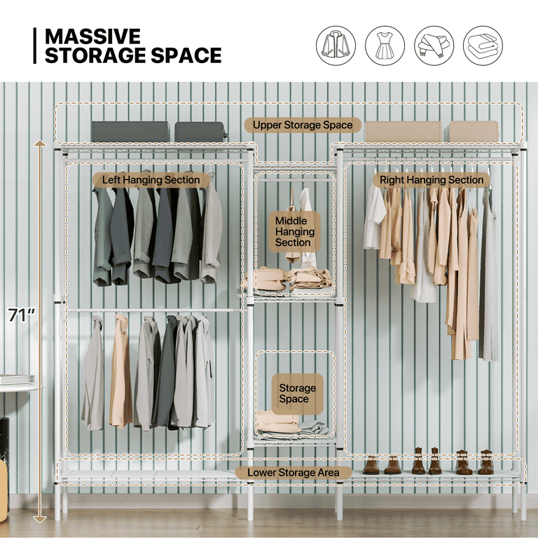 MoNiBloom Clothes Rack Closet Racks for Hanging Clothes Clothes Wardrobe with 4 Hanging Rods and Shelves Freestanding Closet Wardrobe Rack