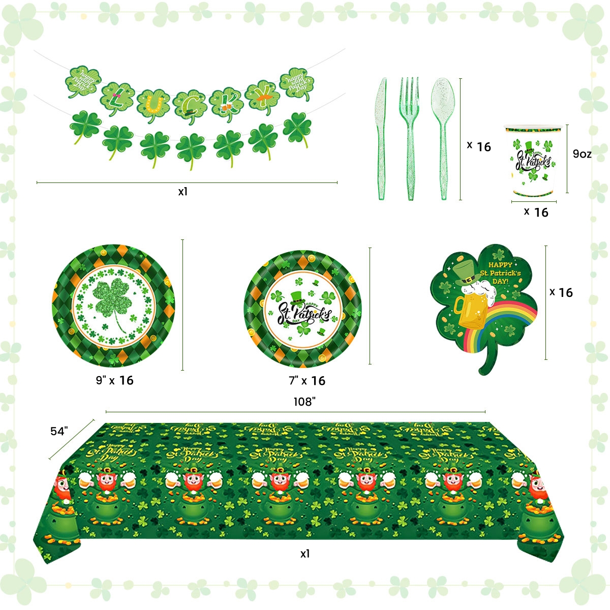 St. Patrick's Paper Plates Party Supplies Shamrock Decoration Cups Napkins Tableware Tablecloth Disposable for Irish Holiday Party Favor Accessories Serve 24 Design1