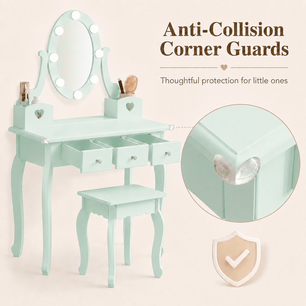 Ktaxon Kids Play Makeup Vanity Set with 3-Color Light, Girls Vanity Dresser Desk with Matching Stool, Light Green