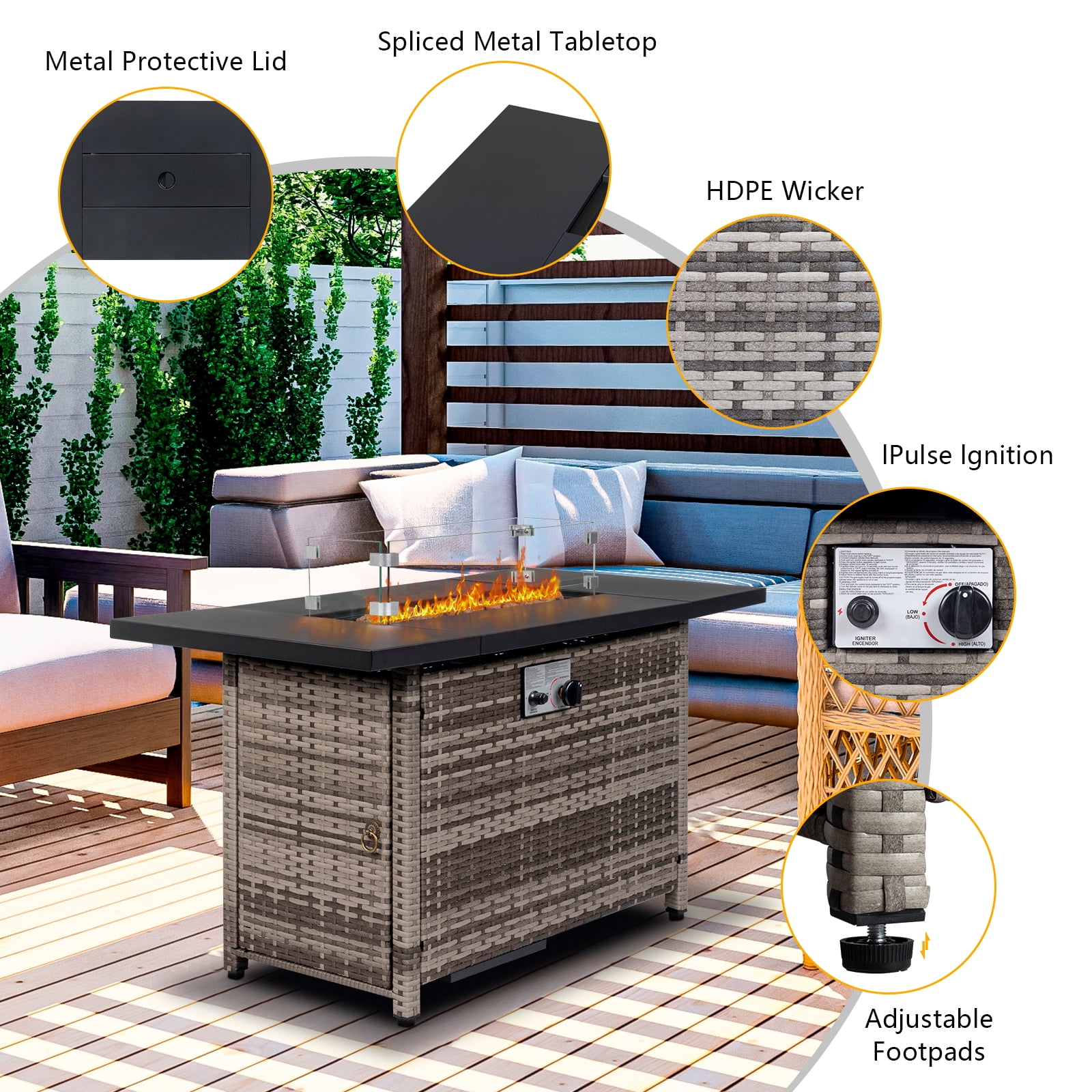 43" Propane Fire Pit with Wind Guard, 50,000 BTU Auto-Ignition Fire Pit Table, Gray Wicker Fire Pit with Glass Rock, Waterproof Cover and Steel Lid for Outside, Garden, Backyard