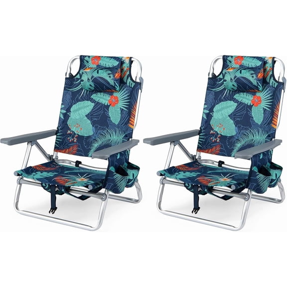 QHTERBeach Chair, Folding Backpack Beach Chairs for Adults w/Adjustable Positions, Head Pillow, Cooler Bag, Towel Bar, Cup Holders, Sunbath Sling Tanning Lounge, Folding Layout Camping Chairs