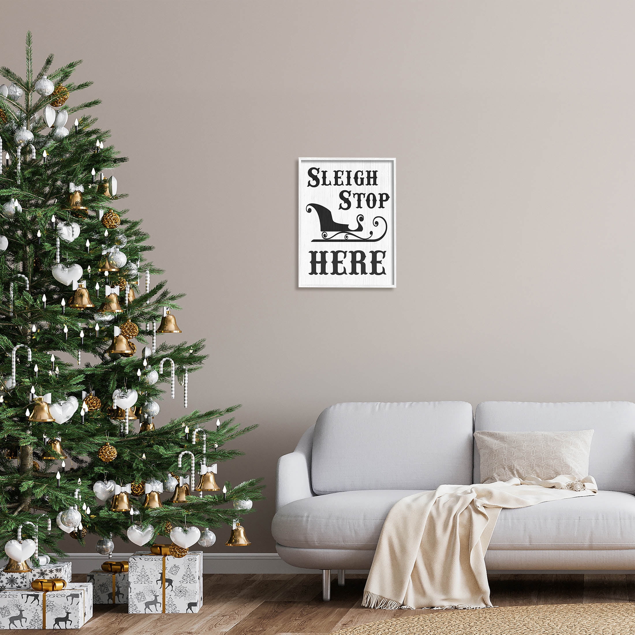 Sleigh Stop Here Holiday Sled Holiday Graphic Art White Framed Art Print Wall Art