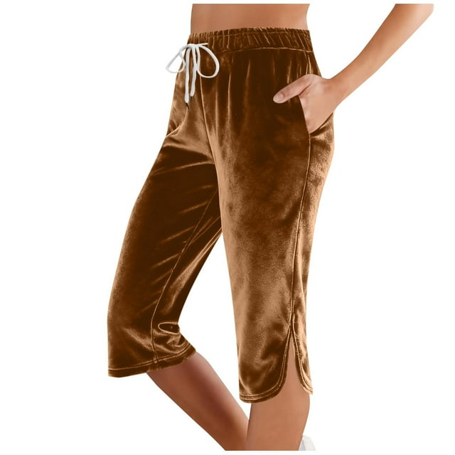 FRSASU Womens Capri Pants Knee Length Velvet Capris Spring Summer Straight Leg Loose Beach Shorts with Pockets Brown XXL(XXL)