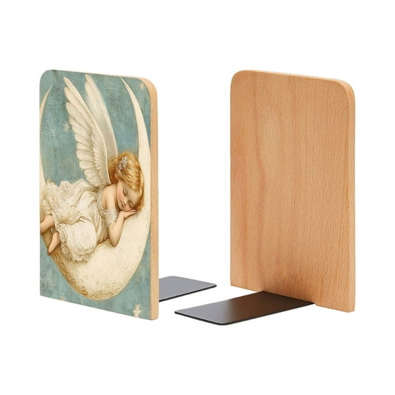 Bookends 1 Pair Non-Skid Bookend Wood Bookends for Shelves Book Stand for CDs - Baby Angel Sleeping on The Moon And Surrounded By Stars 4