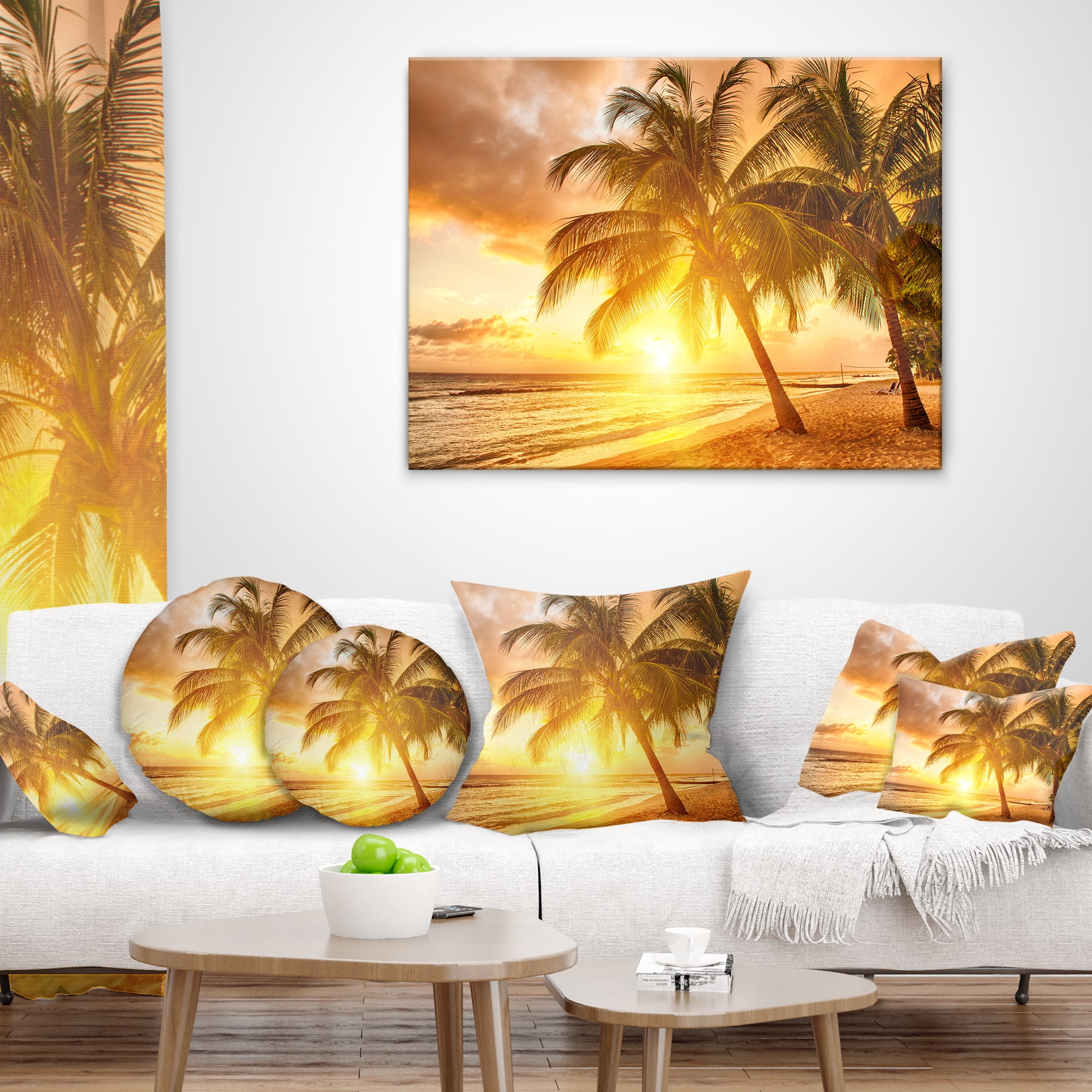 Designart Bright Sunset at Barbados Island - Modern Seascape Throw Pillow - 18x18