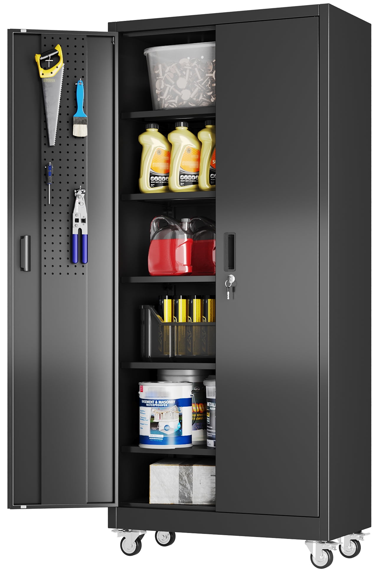 HUAXRON 71 inches Tall Metal Rolling Garage Storage Cabinets with Locking Doors and 5 Adjustable Shelves, Metal Storage Cabinet for Garage, Office, Home, Classroom, Assemble Required(Black)
