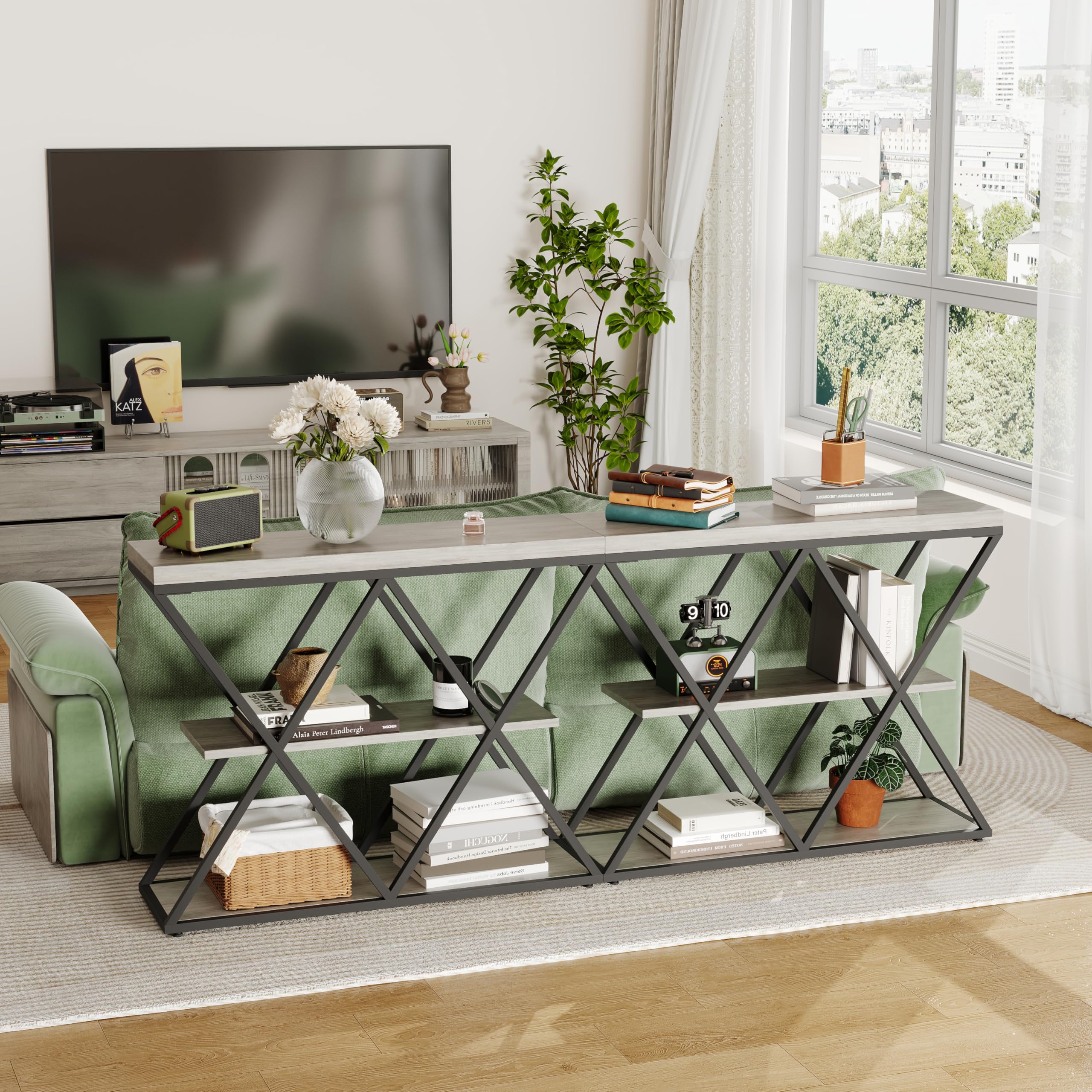 3-Tier Industrial Entryway Console Table - X-Shaped Metal Frame & Open Storage Shelves, Ideal Hallway Accent Table
