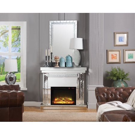 Acme Nyomi Mirrored Fireplace With Faux Crystals And Remote