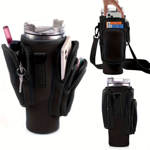 Neoprene Water Bottle Organizer Bag With Phone Pocket 30/40 Oz Tumbler Carrier With Strap