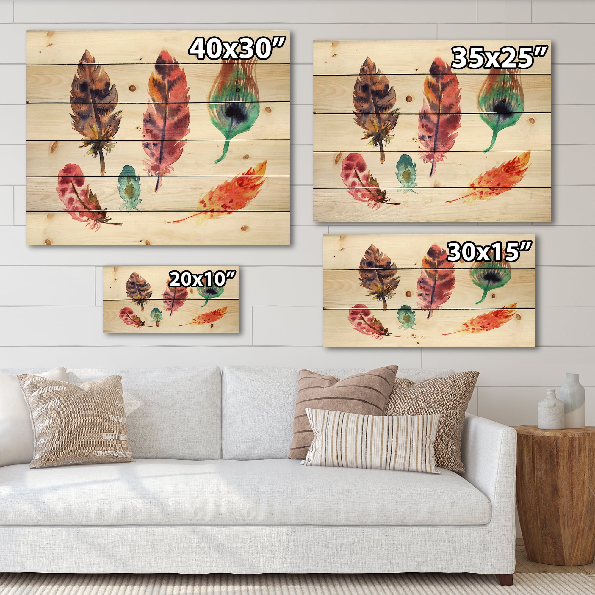 Designart 'Colourful Boho Art Feather Set II' Bohemian & Eclectic Print on Natural Pine Wood