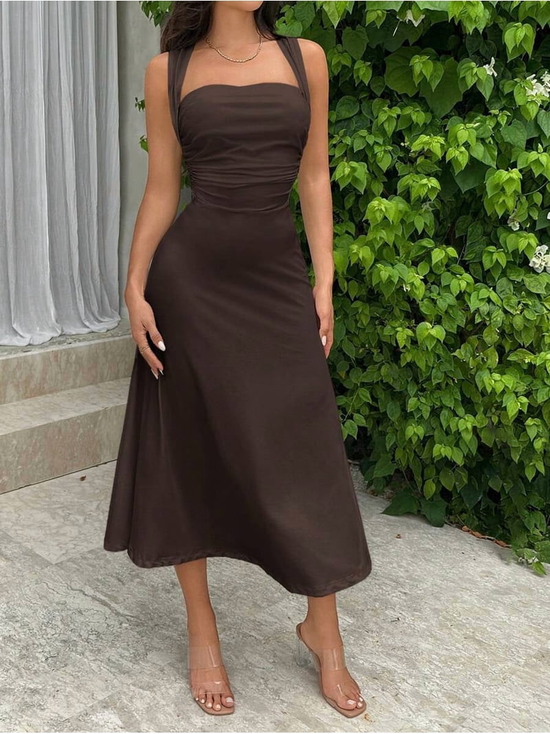 brown side ruched dress Coffee Solid Long For Women, Summer Maxi Dress With Square Neckline And Sleeveless Design Fit Model is 56