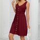 thumbnail image 3 of Vestido Vestido de vacaciones con cuello redondo y bolsillo con botones (rojo vino XXL) Ygjytge Vino rojo T XXL para Mujer, 3 of 7