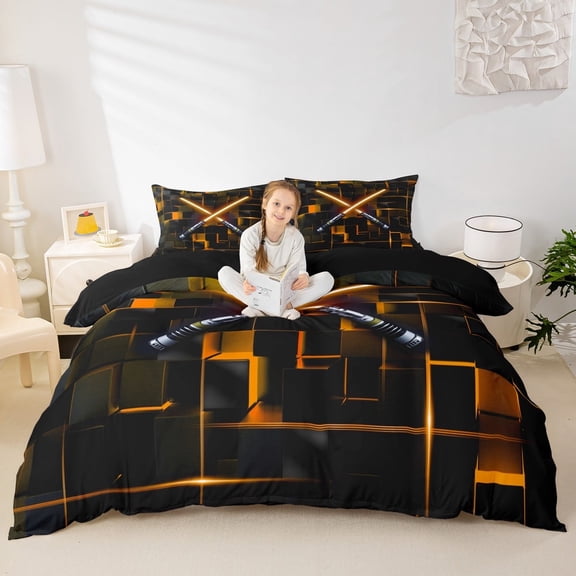 Erosebridal Orange Light Duvet Cover Twin,Geometric 3D Plaid Bedding Sets Twin Size,Neon Lights Comforter Cover Twin For Boys,Lightweight Room Decorative Reversible,3 Pieces(No Comforter)