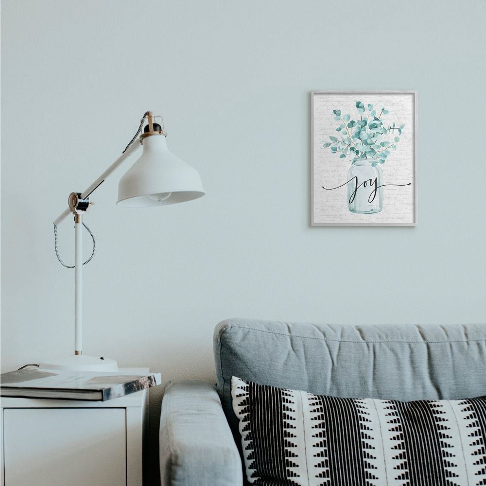 Stupell Industries Aqua Blue Plant Leaves In Jar Joy Text Design Framed Wall Art Design by Lettered and Lined, 11" x 14", Gray Framed