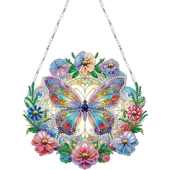 JUMRHFAN Diamond Painting Garland Diamond Painting Butterfly Decoration Door Wreath Diamond Painting Butterfly Pendant with Chain Wall Hanging Kits for Window Wall and Entrance Decor