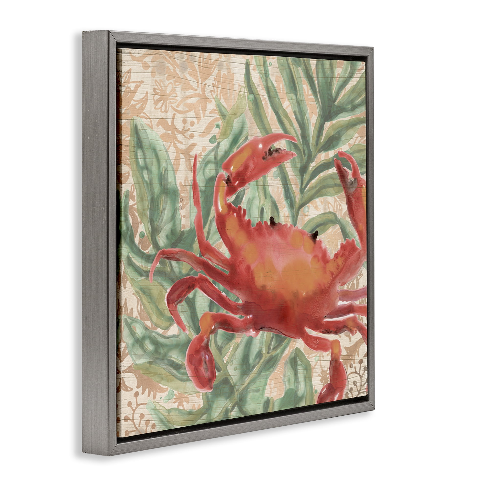 Stupell Industries Crab on Palm Leaves Animals & Insects Painting Gray Floater Framed Canvas Art Print Wall Art, 18 x 18