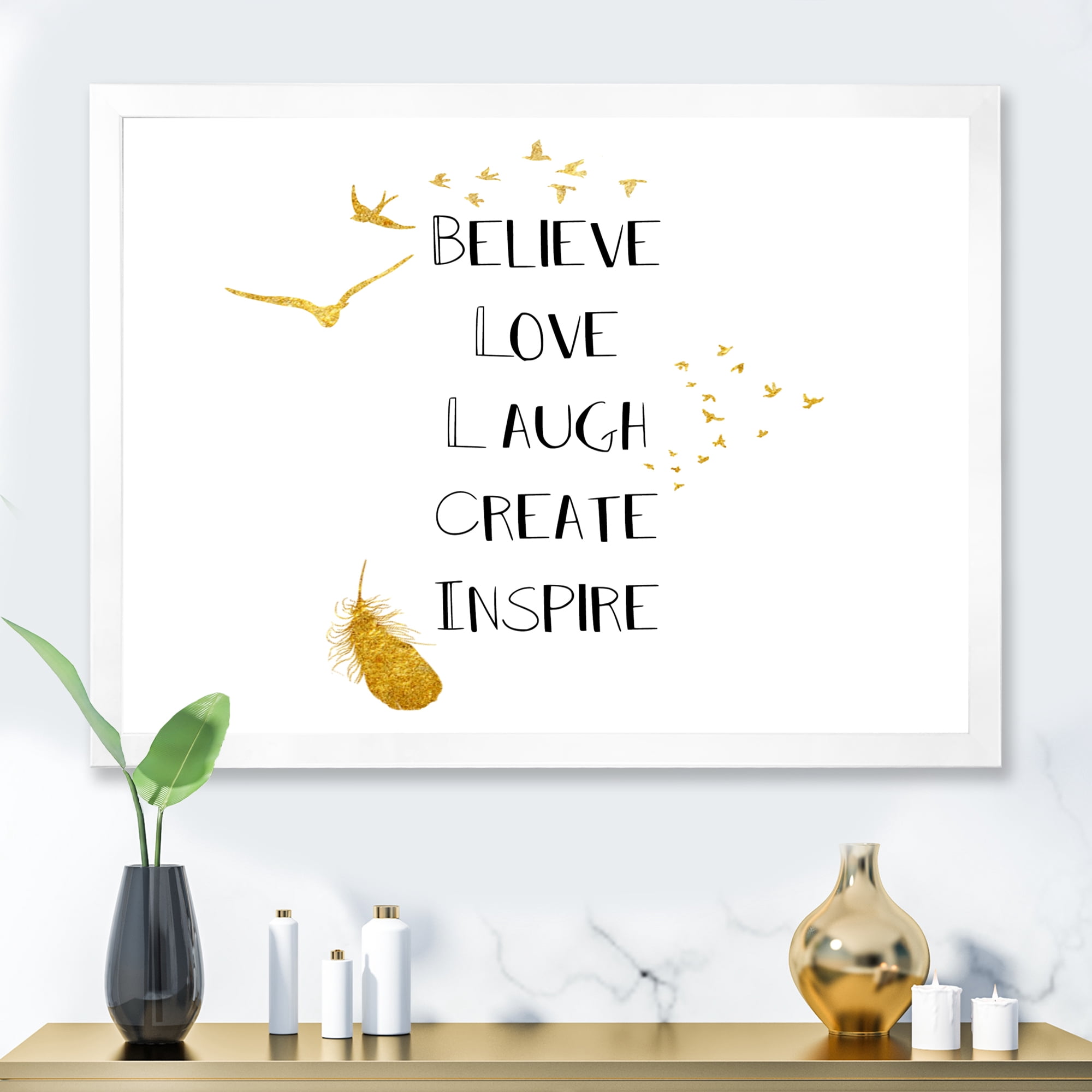 Designart 'Inspirational Quote On Gold and White' Traditional Framed Art Print