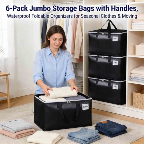 Milemduomar 6-Pack Jumbo Storage Bags with Handles, Waterproof Foldable Organizers for Seasonal Clothes & Moving